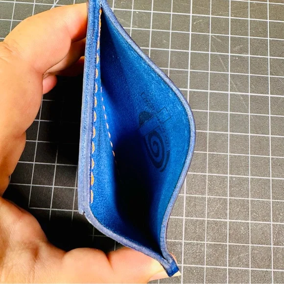 Ultra slim wallet minimalist travel -Horween (American leather) blue & orange - Picture 4 of 9